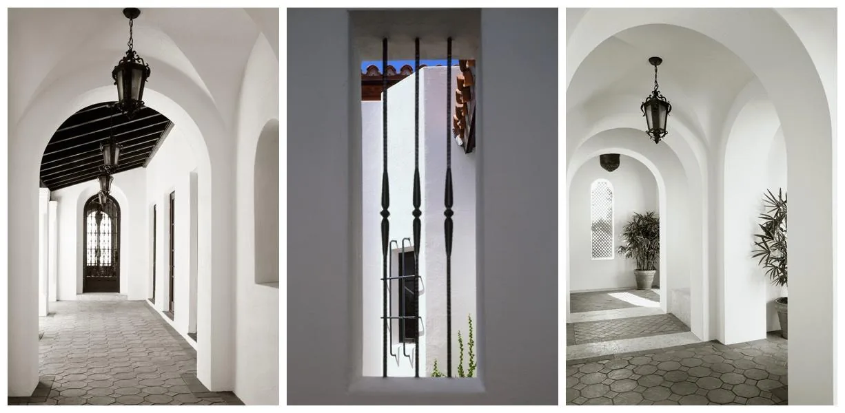 North Bay Road Residence #2 features a stucco courtyard with terracotta roof tiles, arched openings, wrought iron lantern lighting, and tiled floors.