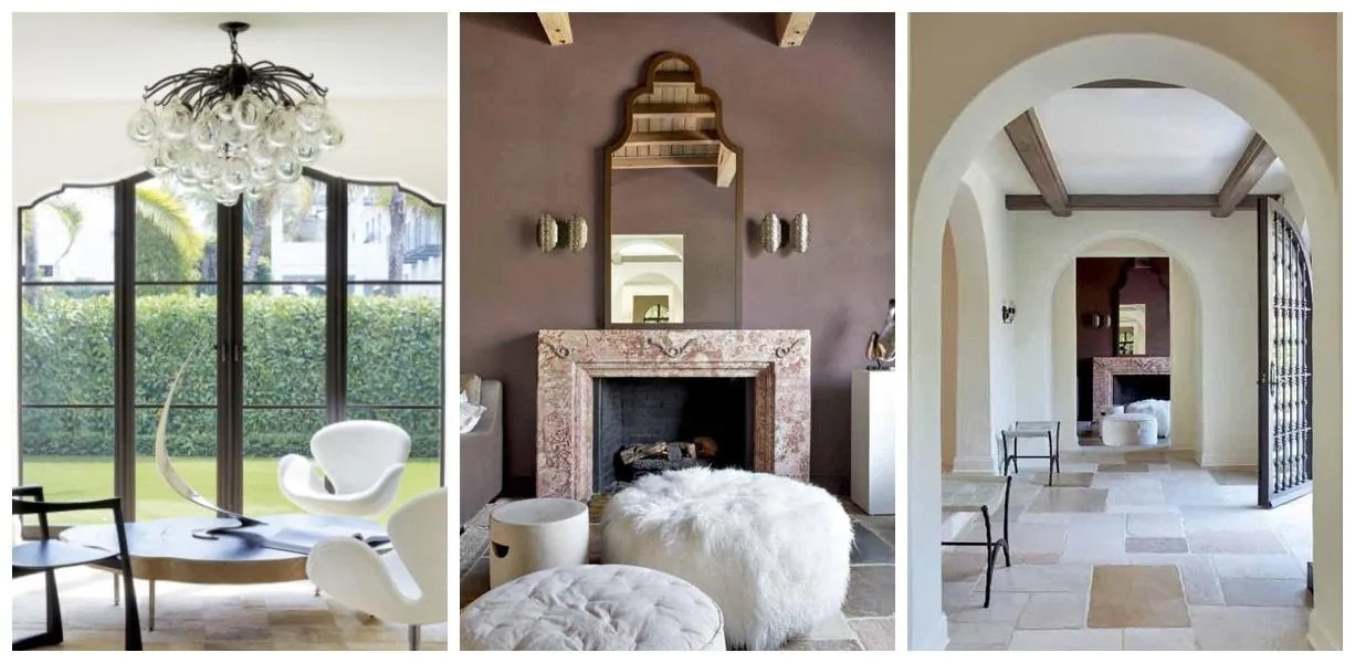 Venetian Island Residence features arched doorways, a terracotta fireplace, and seating with modern white armchairs overlooking hedge-lined garden.