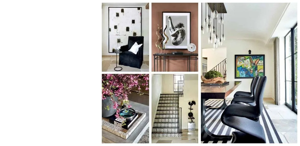 Venetian Island Residence features black dining chairs with glass pendant lights and a staircase with patterned tile, showcasing design by Jarosz in Miami.