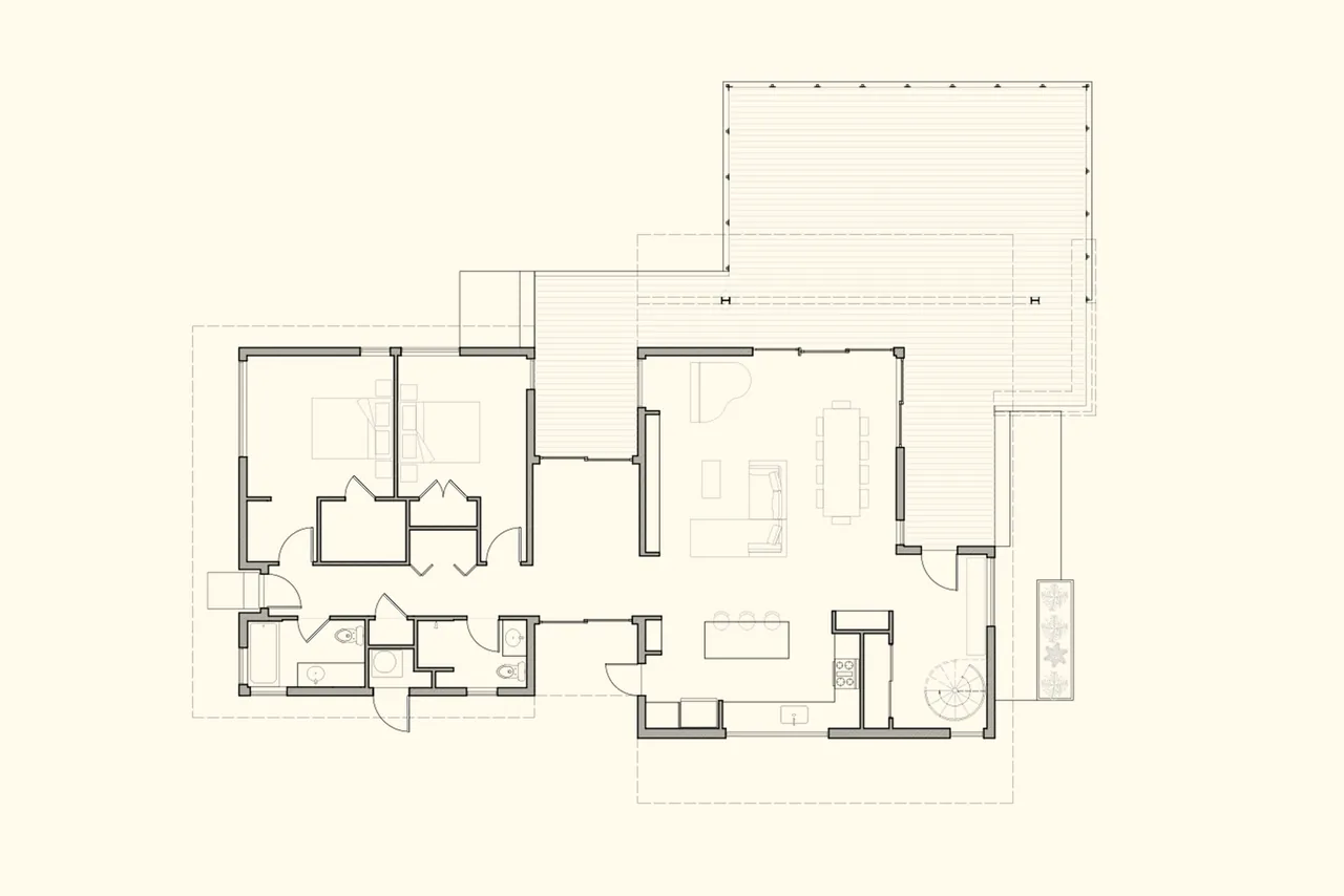 Floor plan drawing of Butterfly House depicting bedrooms, bathrooms, kitchen, and living area arrangement.