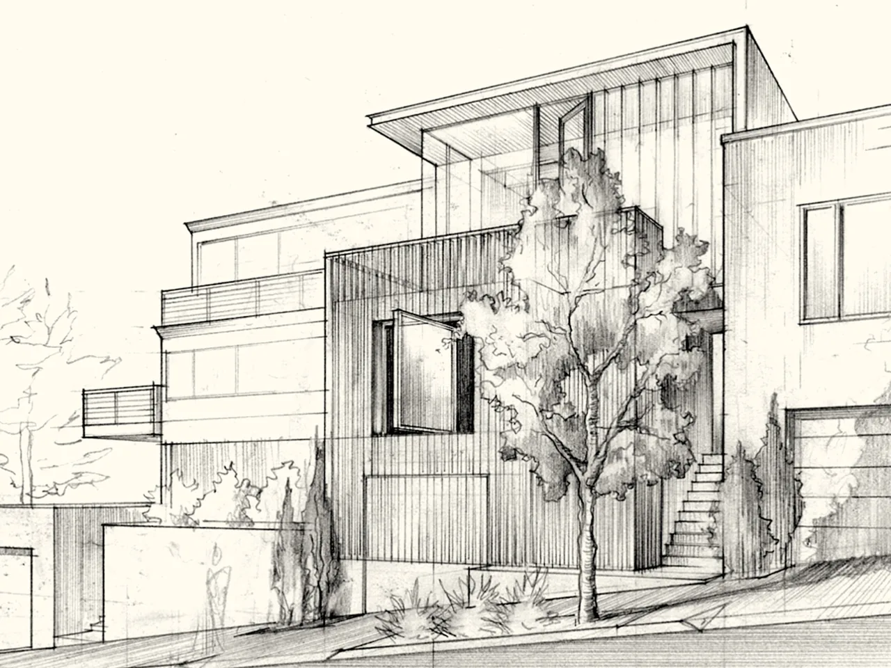 Pencil sketch of The Vessel shows a modern multi-level house with vertical wood siding and multiple balconies.