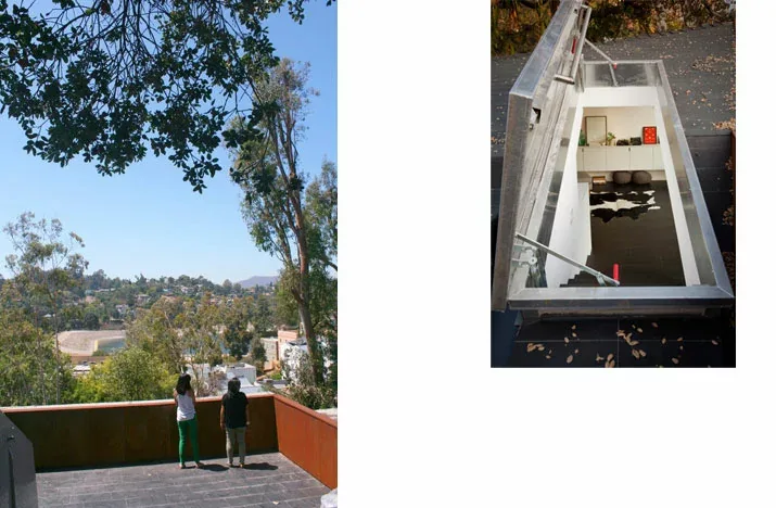 Two views of Manifold House showing the terrace with rust-colored metal railing and a courtyard looking down through floor opening.