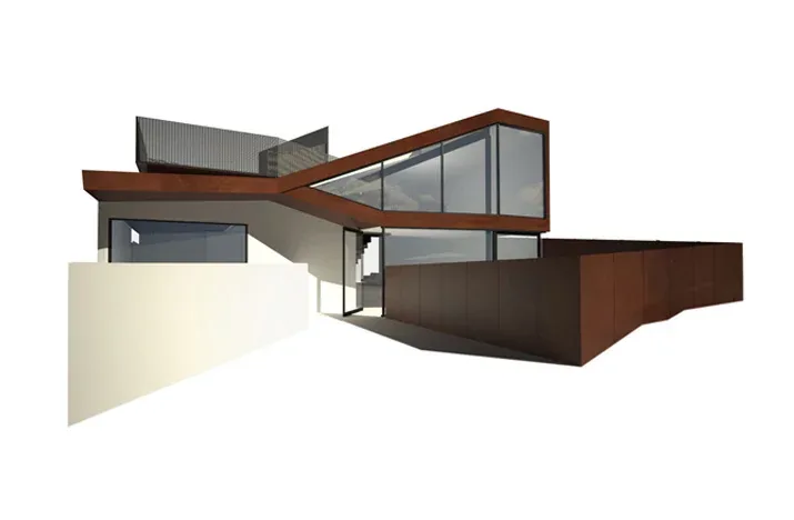 Exterior rendering of a modern house with angular design and floor-to-ceiling glazing.