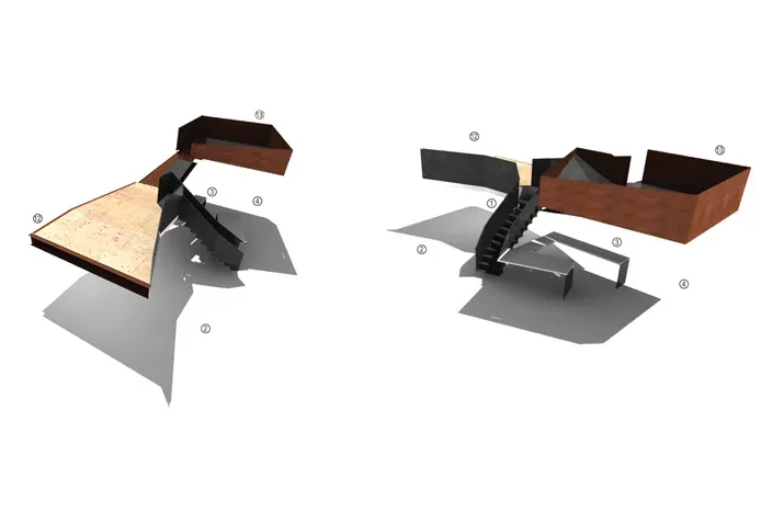 Massing models illustrating the spatial and structural composition of Manifold House with outdoor stair connection.