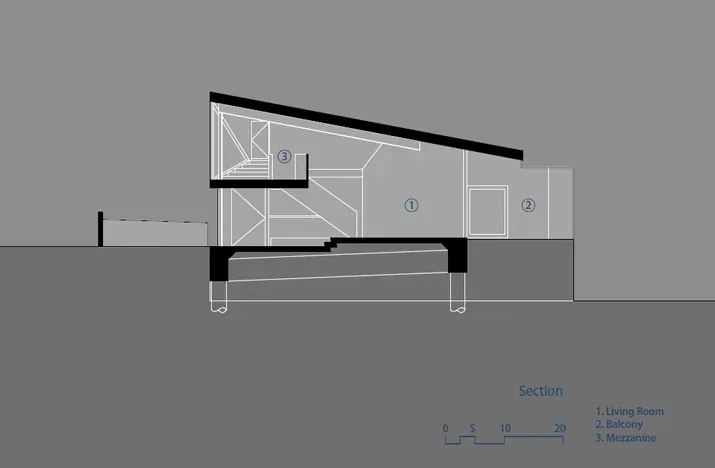 Section drawing of Manifold House illustrating spatial arrangement and level changes between living room, balcony, and mezzanine.