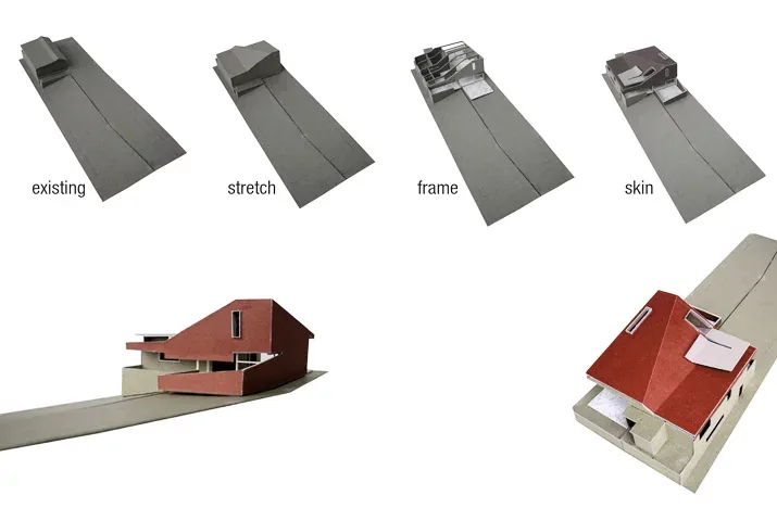 Model series illustrating site development and final design of a modern house with an angular red roof.
