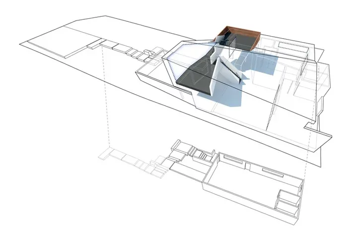 Axonometric drawing of Manifold House highlighting multiple levels and structural elements.