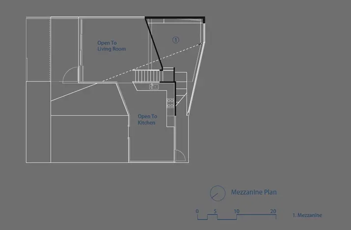 Mezzanine floor plan of a house indicating open connections to living room and kitchen.