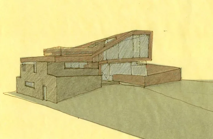 Perspective drawing showing the massing and window placement of a modern house with a gable roof and skylight.
