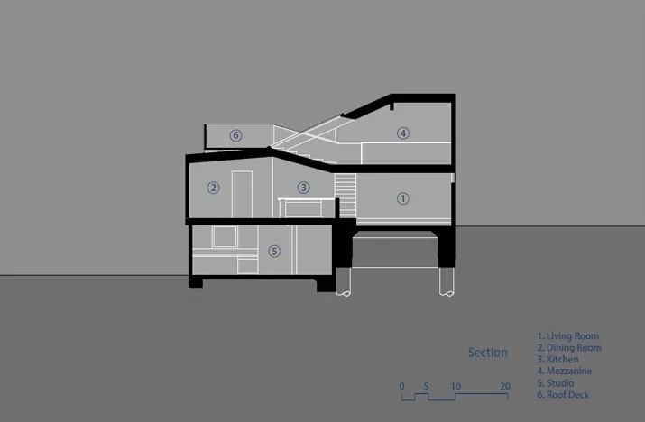 Section view of a house illustrating the interior space distribution and stair placements between levels.