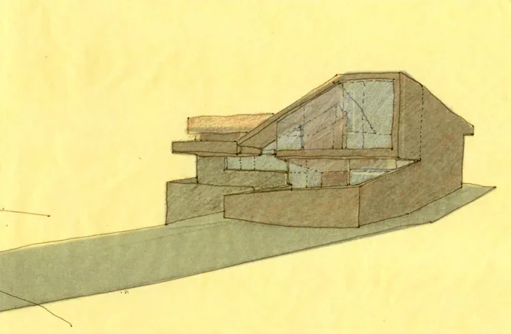 Sketch of Manifold House architectural model highlighting angular design and gable roof.