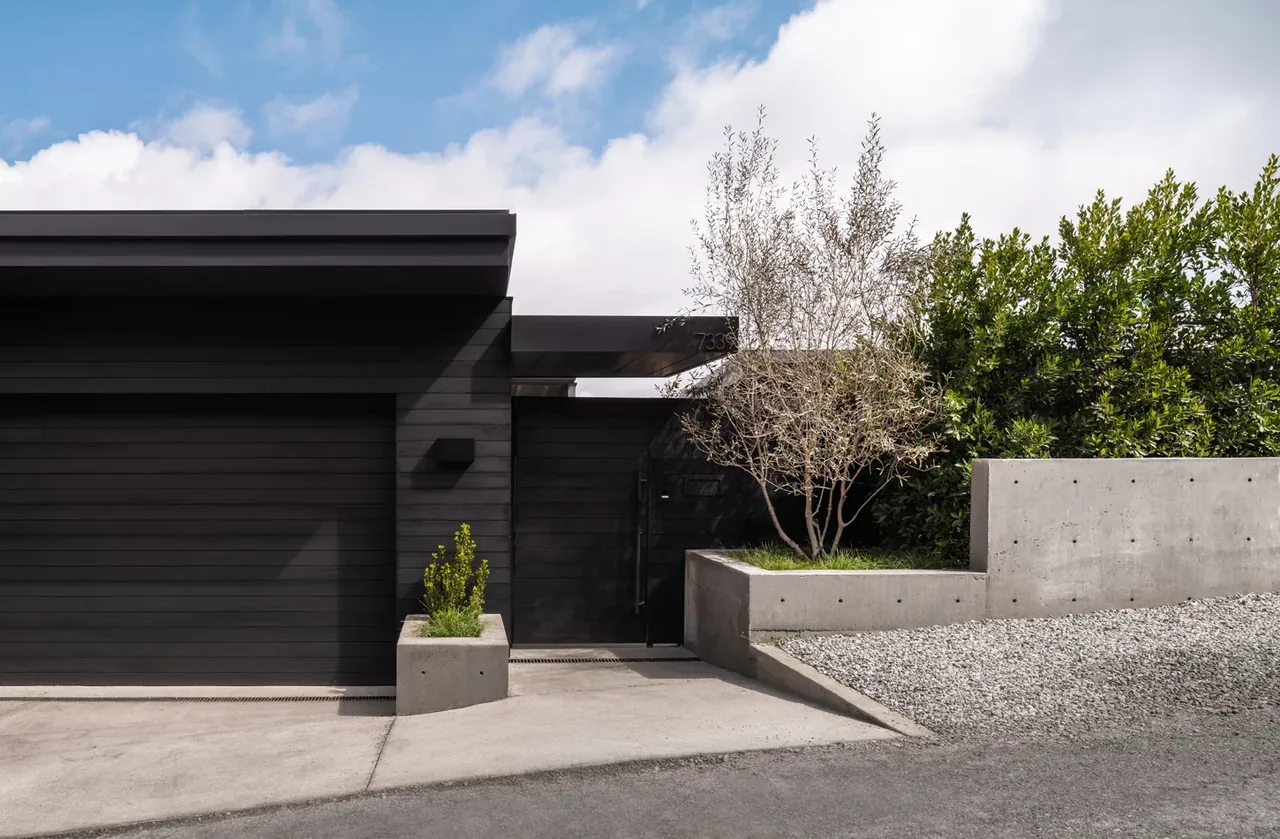 Exterior front view of a modern house featuring black wood siding and concrete planters with vegetation.