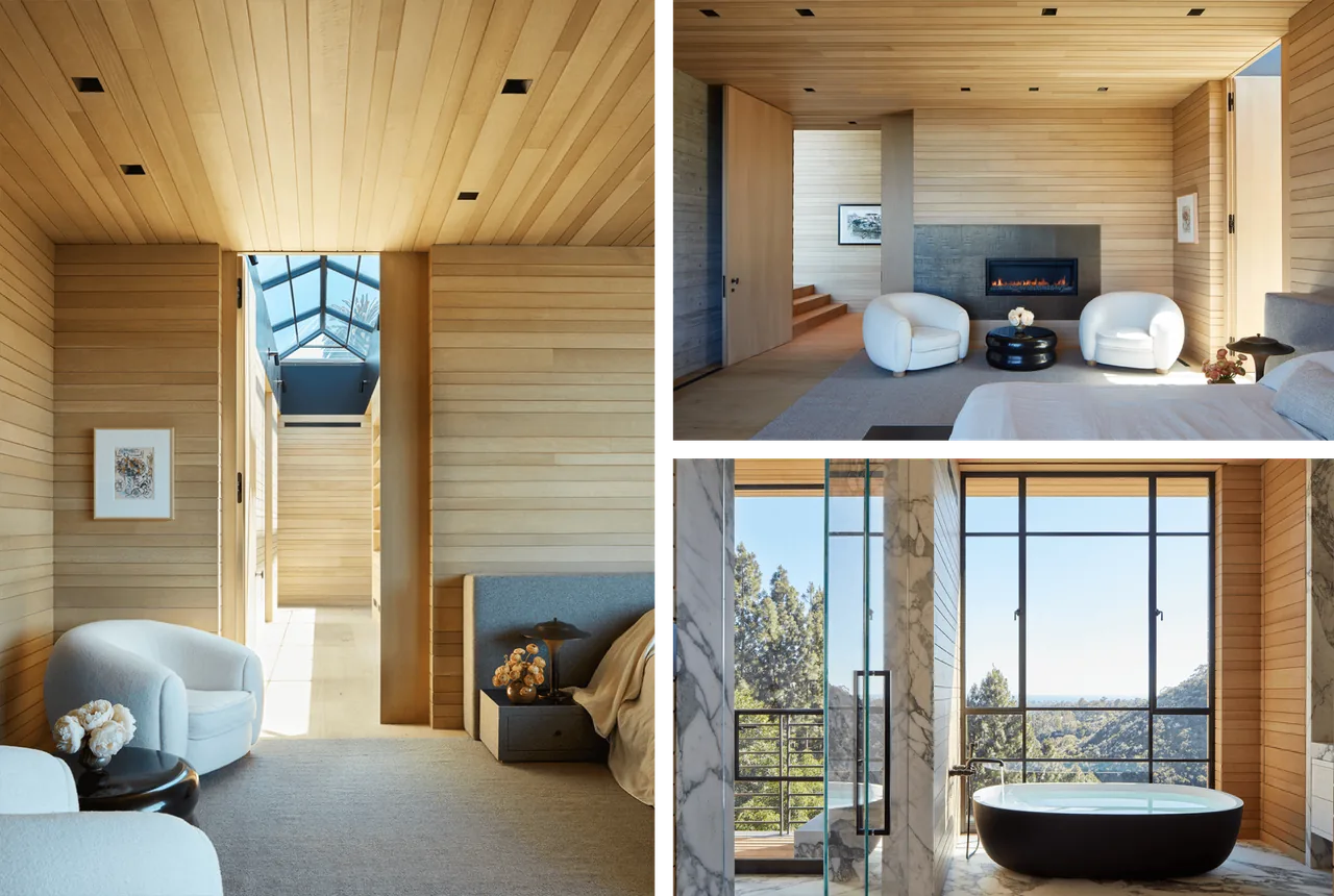 Sapire Residence interior showing wood-paneled bedroom with fireplace, white armchairs, and bathroom with freestanding black tub and mountain view.