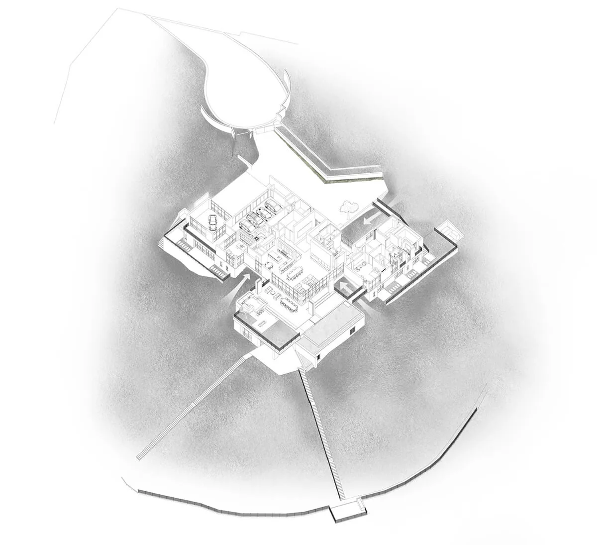 Axonometric floor plan of Sapire Residence by Abramson Houses, illustrating room layout and site arrangement.
