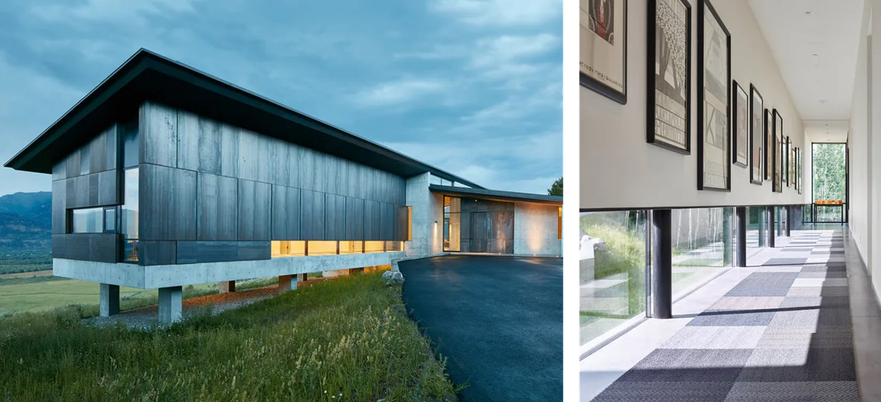 The Wyoming Residence features a raised horizontal facade with concrete and blackened steel exterior, alongside an interior corridor with floor-to-ceiling windows.