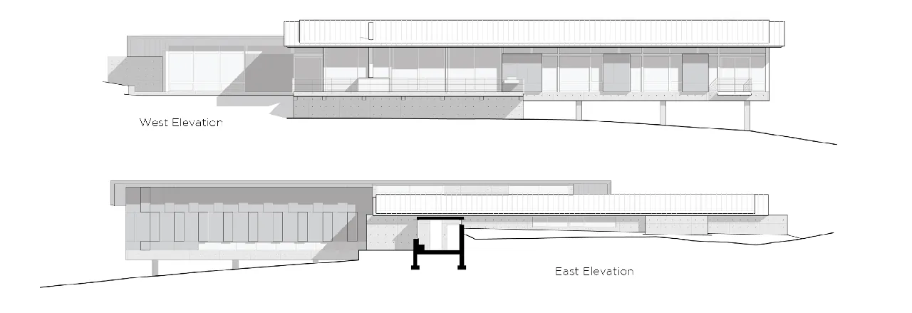 Elevations for Wyoming Residence displaying a modern flat roof structure with extensive glazing and concrete base.