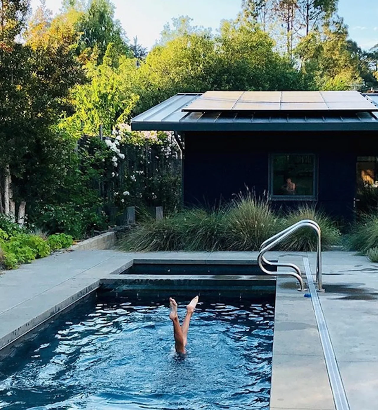 Outdoor rectangular pool with concrete decking adjacent to a small building with solar panels on the metal roof.
