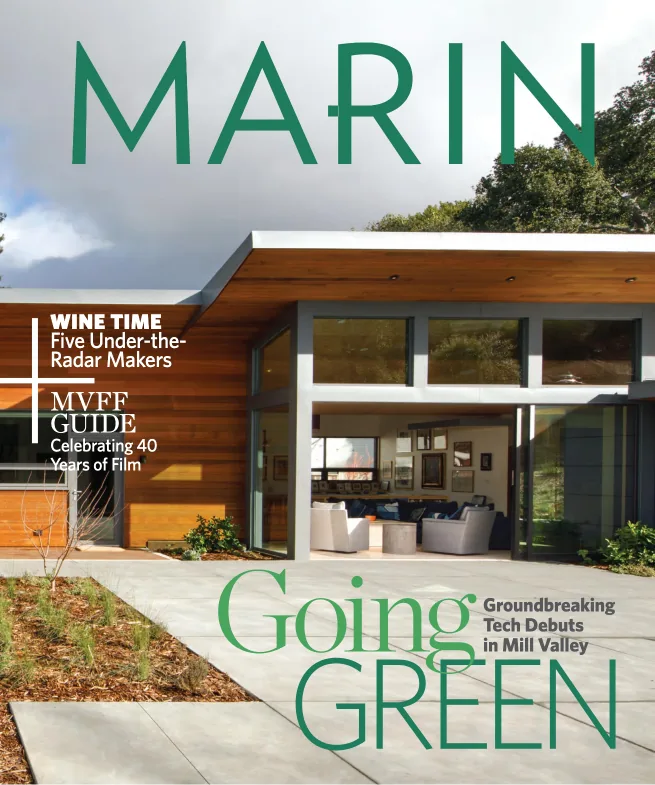 Net Zero Energy House features wood-paneled ceilings, concrete countertops, and metal window frames opening to a poolside patio in San Francisco.