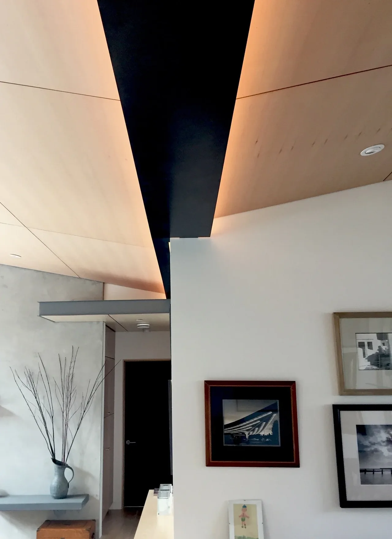 Ceiling design with black central strip and light wood panels highlighted by concealed lighting.