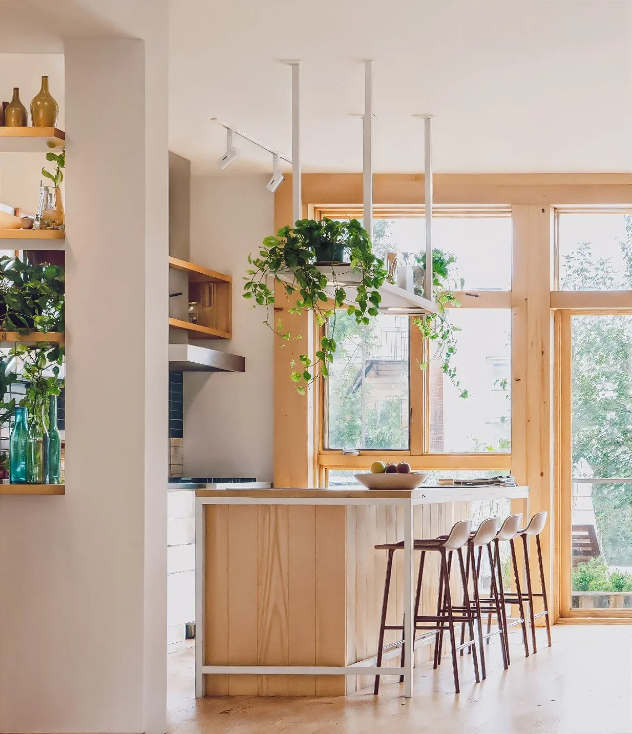 Kitchen area features a wooden island with white countertop and hanging plants above, illuminated by large windows.