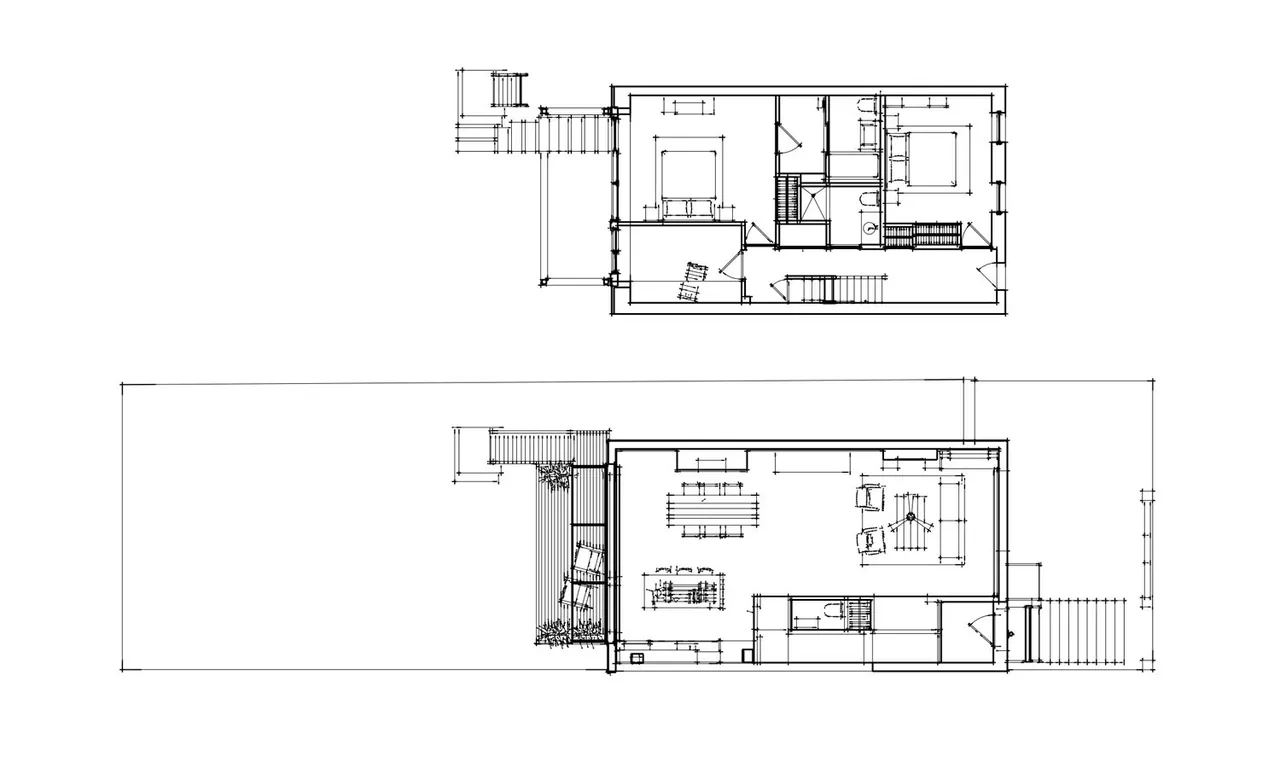 Floor plans detail the layout and furniture arrangement for the two-level Brooklyn Townhouse Renovation.