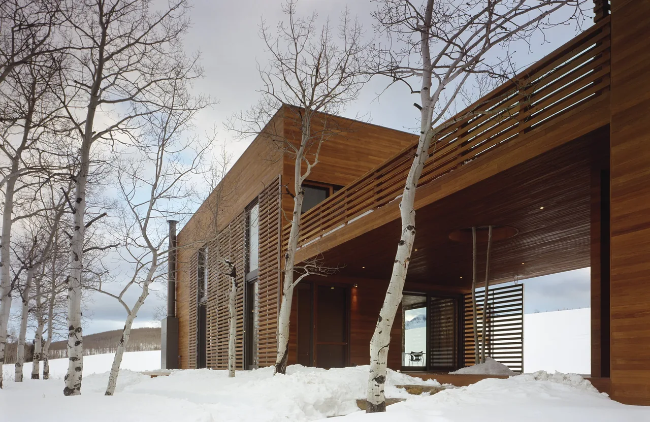 Exterior front view of a two-story wood-clad modern house in a snowy landscape with vertical wood slat screening.