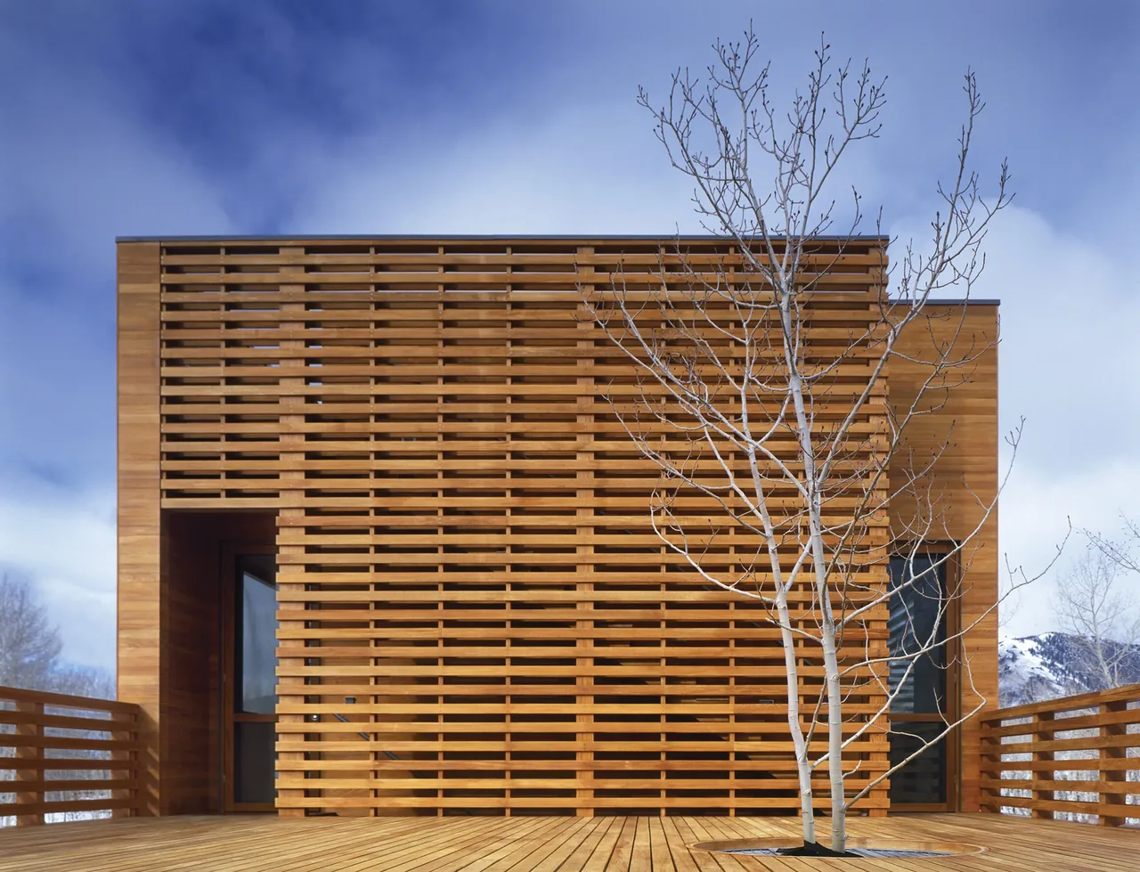 Exterior front view of the Box House showing wooden slat facade and tree on the deck.