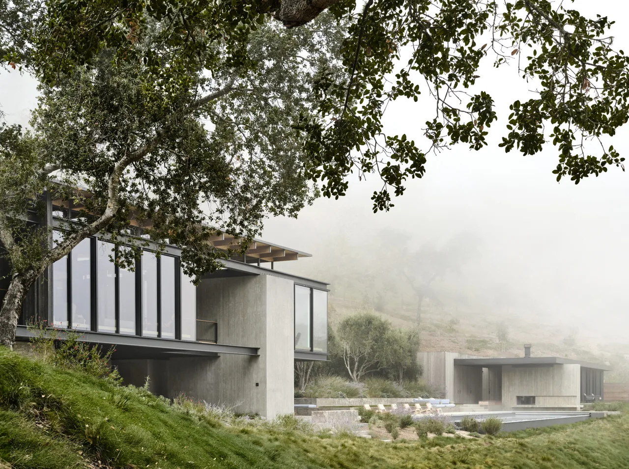 Trestle Residence features a concrete structure with extensive glazing and is surrounded by natural landscape and mist.