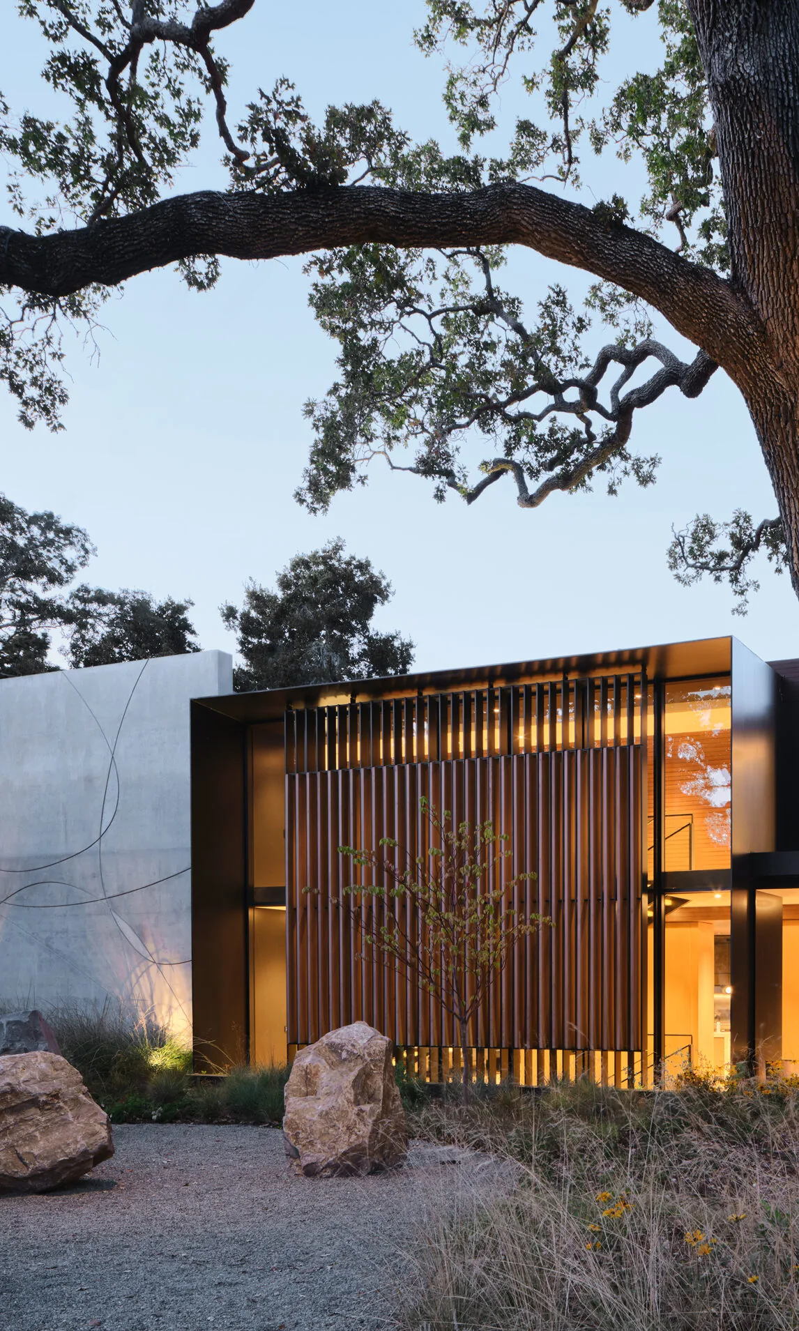 Exterior front view of modern residence showing metal and wood facade with concrete wall and landscaped foreground.