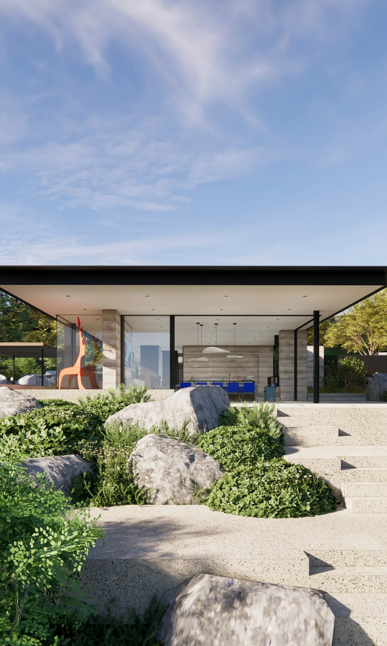 Modern residence front elevation with floor-to-ceiling glazing and concrete landscaping steps.