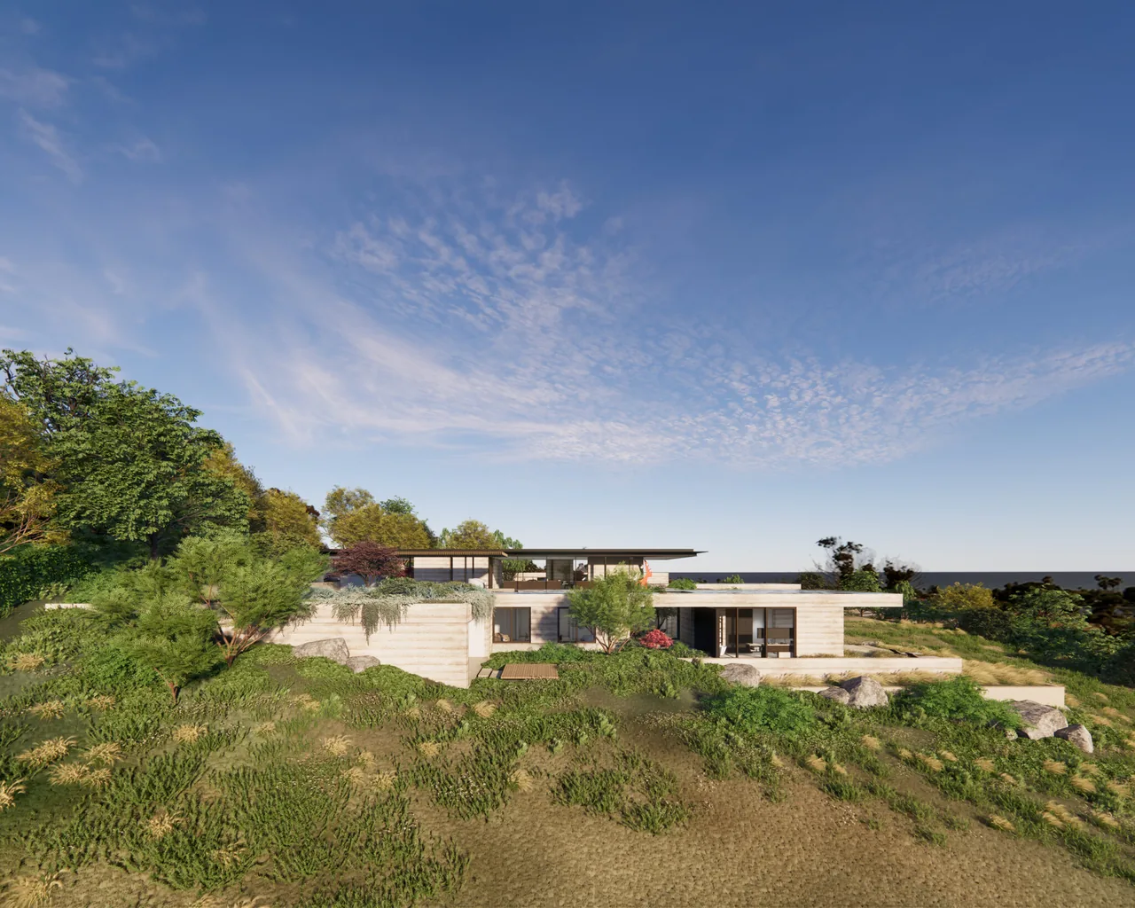 Exterior front view of a modern residence with concrete walls and extensive windows integrating with the hillside landscape.