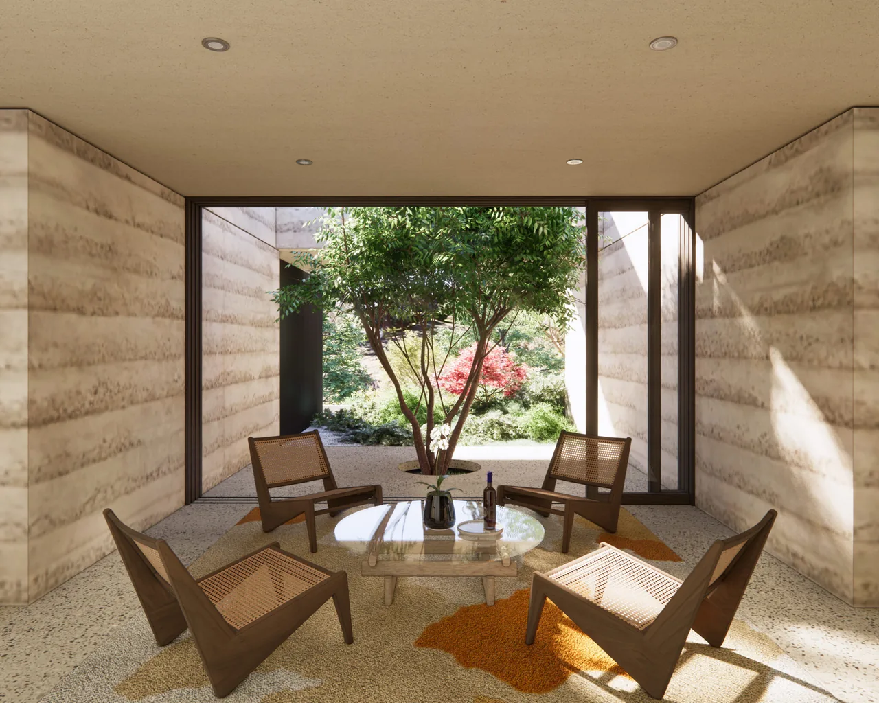 Seating area with four wood and cane chairs facing a garden courtyard with a central tree through large glass windows.