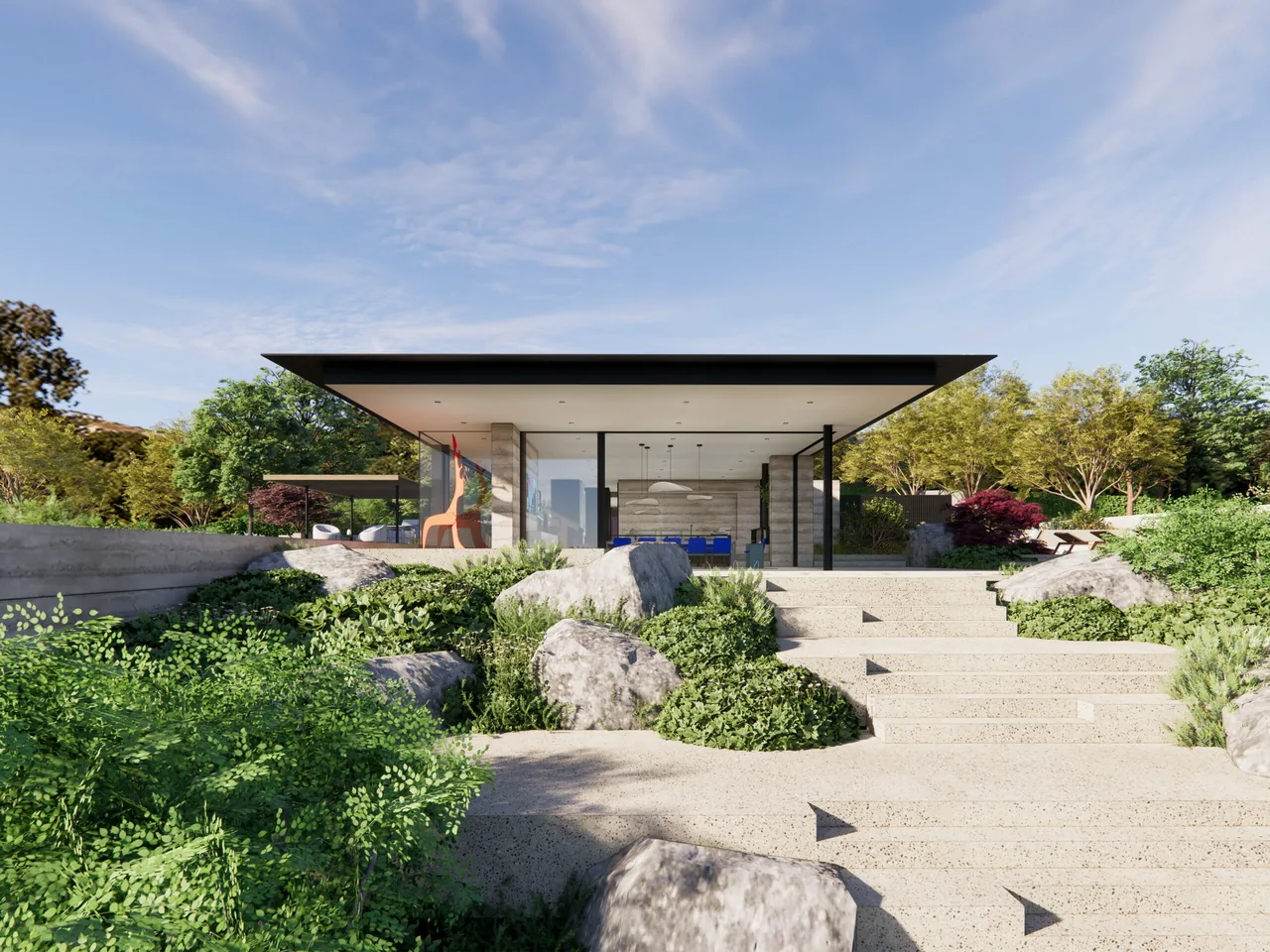 Front exterior view of a modern residence featuring floor-to-ceiling glazing and a flat roof.