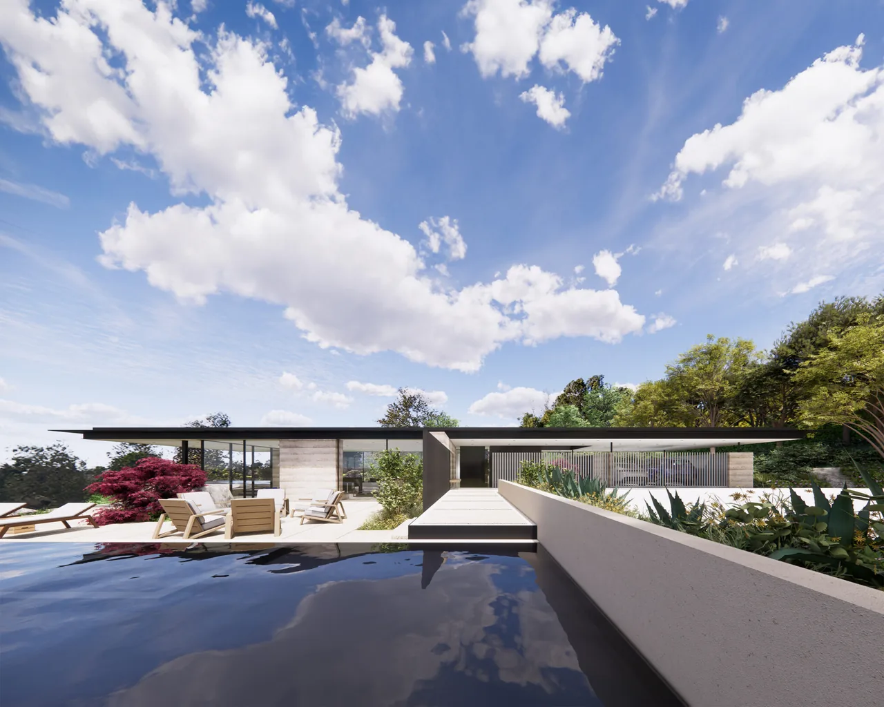 Front exterior view of the Malibu Residence featuring a flat roof and outdoor seating area adjacent to a reflecting pool.