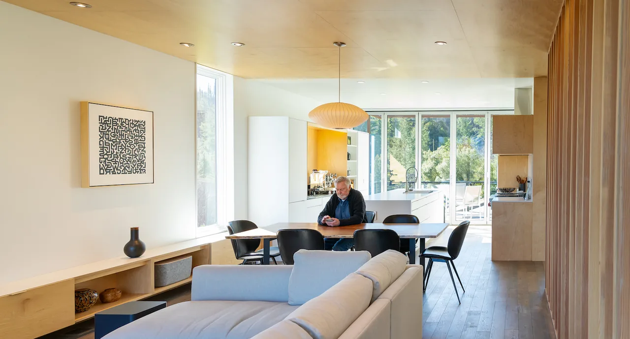 Open living and dining area in a modern home with wood finishes and ample natural light from large windows and glass doors.
