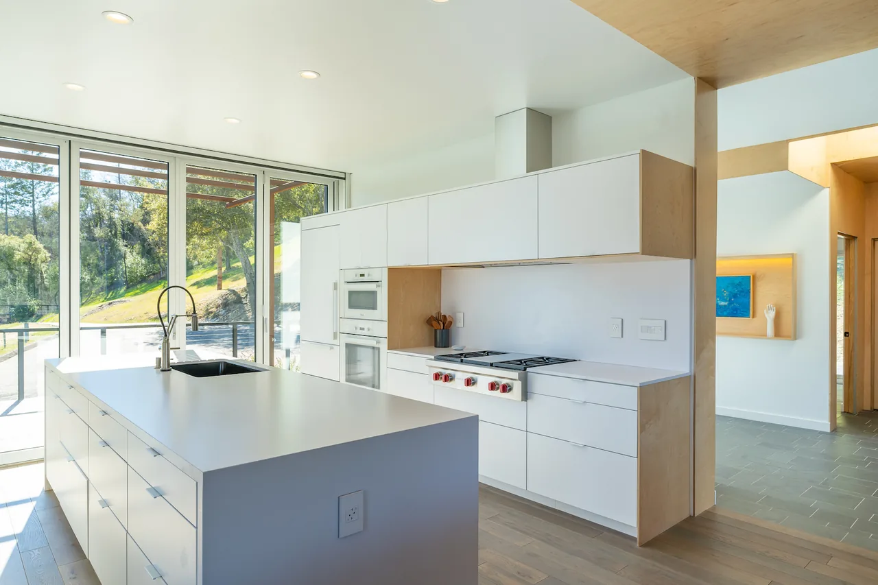 Modern kitchen featuring a large island, built-in appliances, and floor-to-ceiling glazing to an exterior patio.