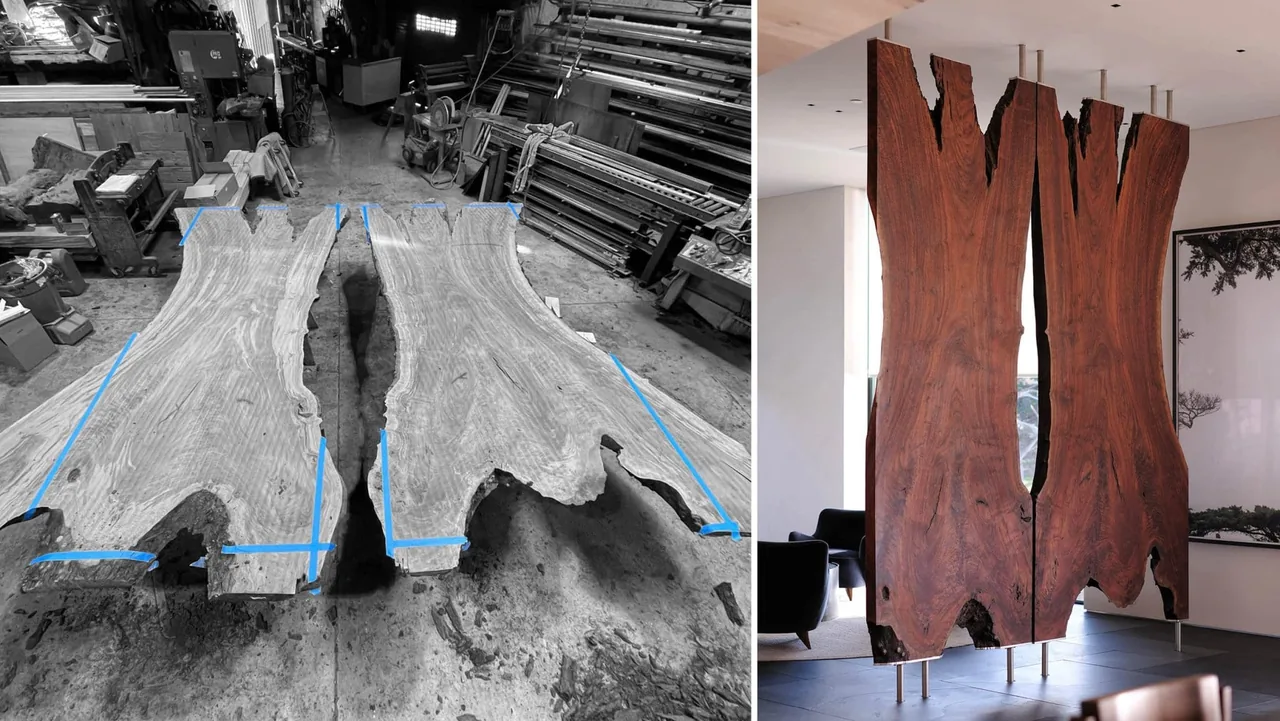 Curved wood slabs from a large tree trunk displayed in a workshop and later installed vertically as a divider in the Dogleg Residence.