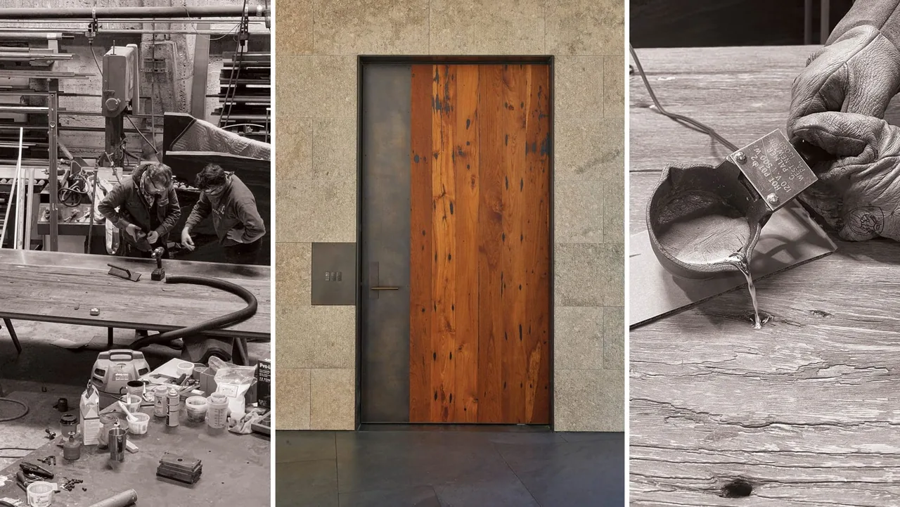 The Dogleg Residence features a tall wood front door framed by a stone wall and metal detailing.