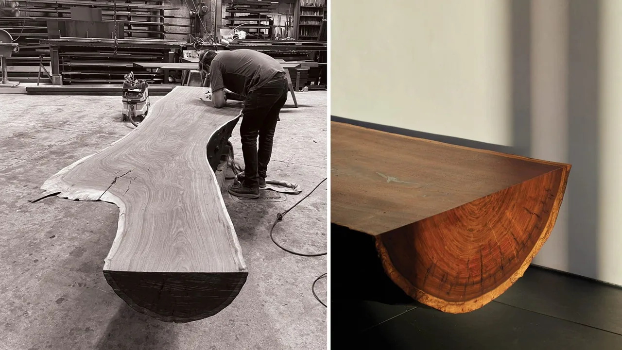 The Dogleg Residence features custom wood slab furniture crafted by Lundberg Design.