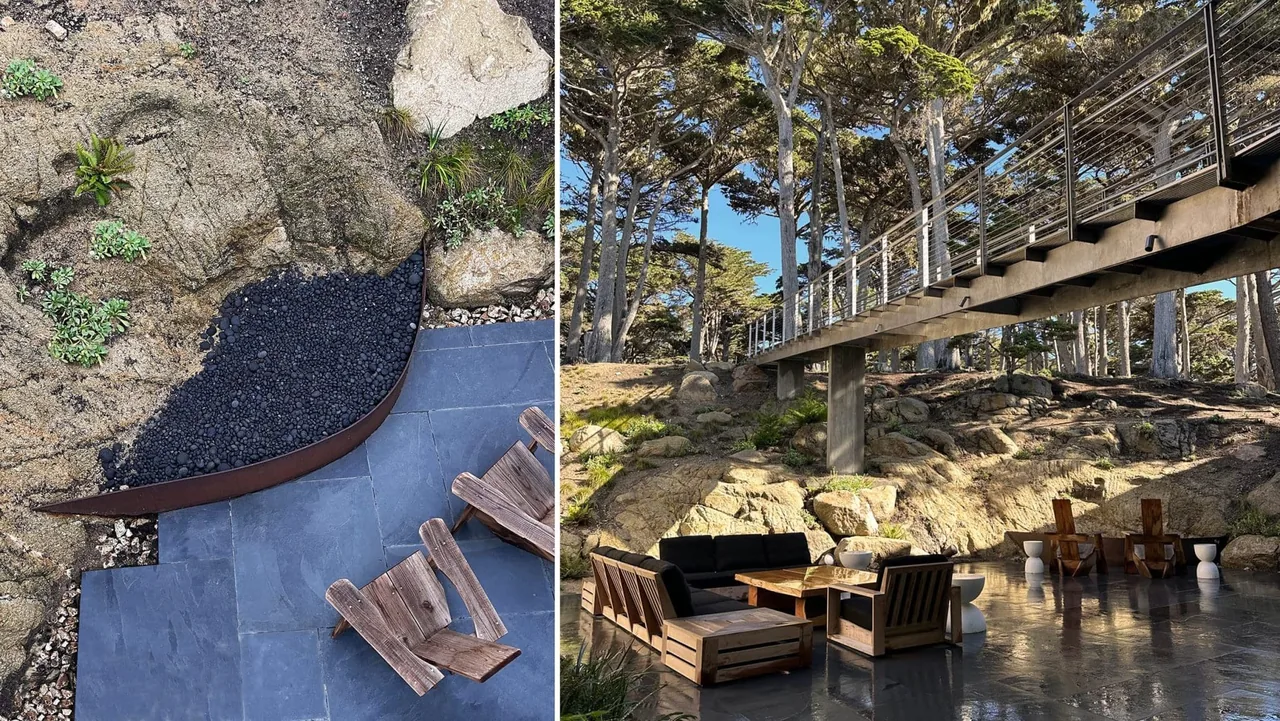 The Dogleg Residence features an outdoor living space under a cantilevered bridge with rustic wooden furniture and natural stone surroundings.