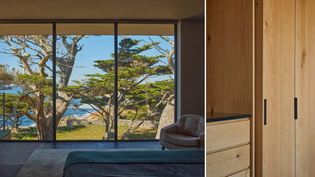 Dogleg Residence bedroom with floor-to-ceiling window offering ocean and windswept tree views.
