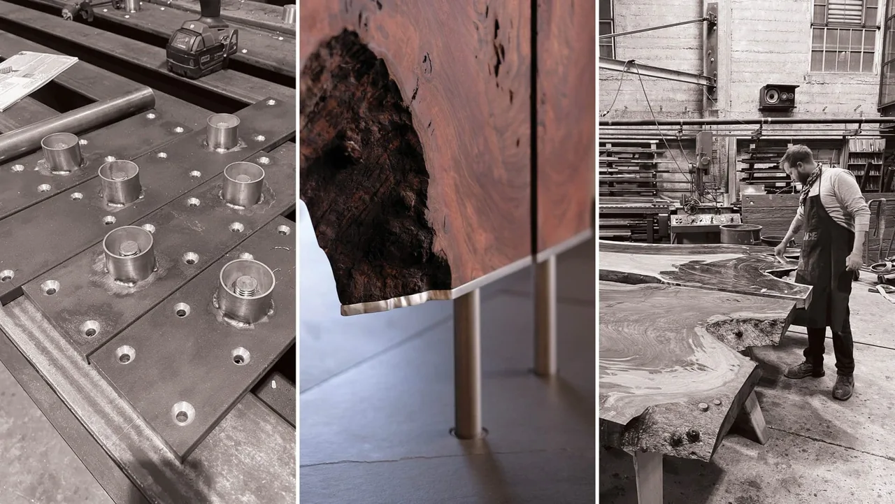 Metal parts and artisan working on large wood slabs with metal legs in a workshop for Dogleg Residence.