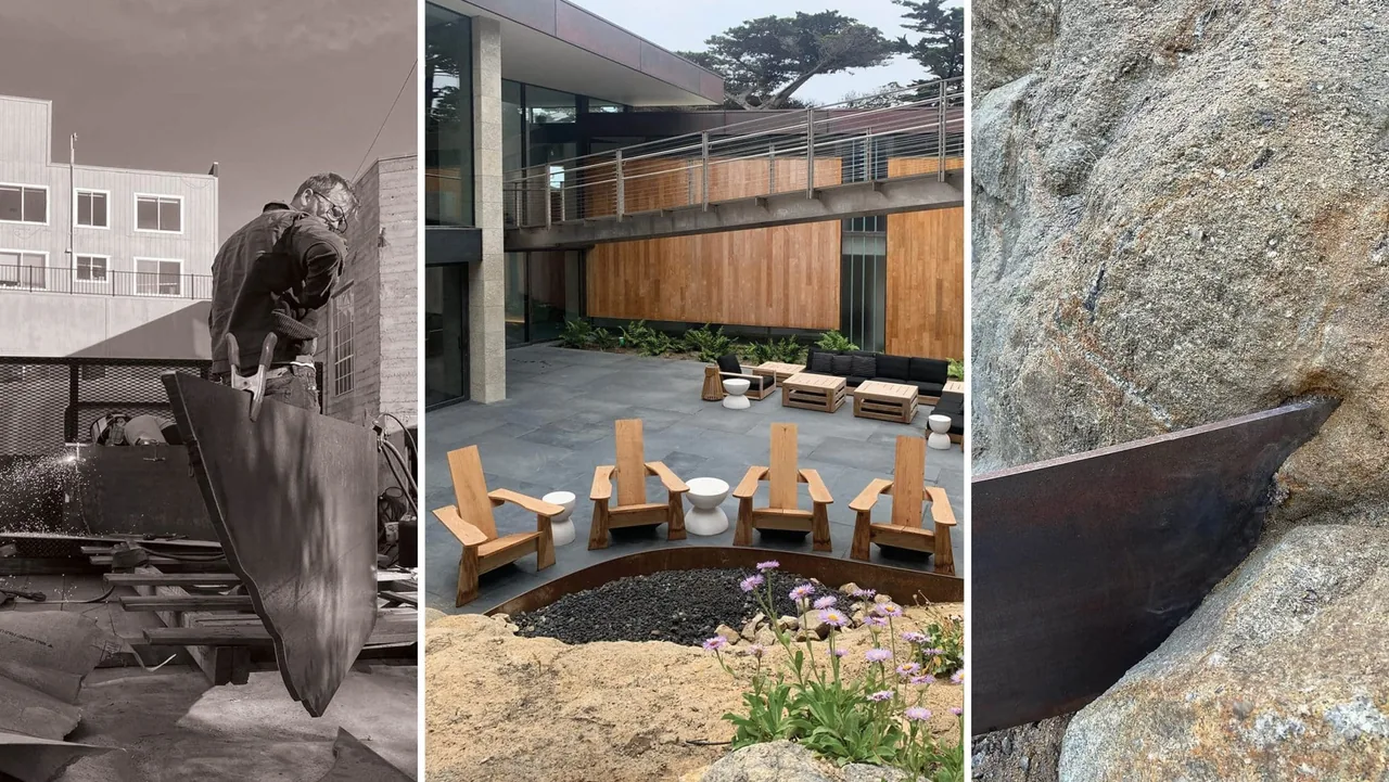The Dogleg Residence courtyard features natural wood chairs around a fire pit on a slate stone patio with wood siding backdrop.
