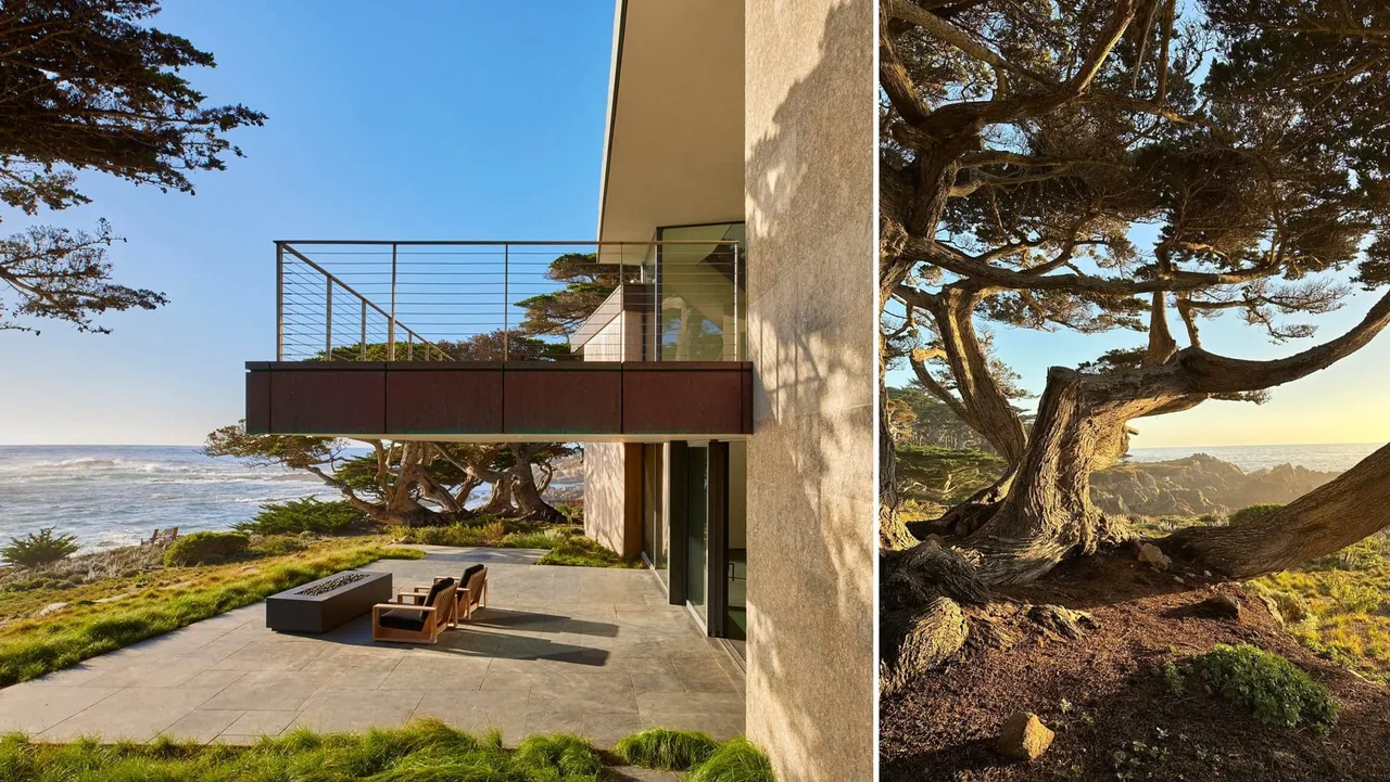 Dogleg Residence patio shows stone tile flooring, wood-framed seating with a fire pit, and cantilevered balcony with steel railing near coastal trees and ocean.