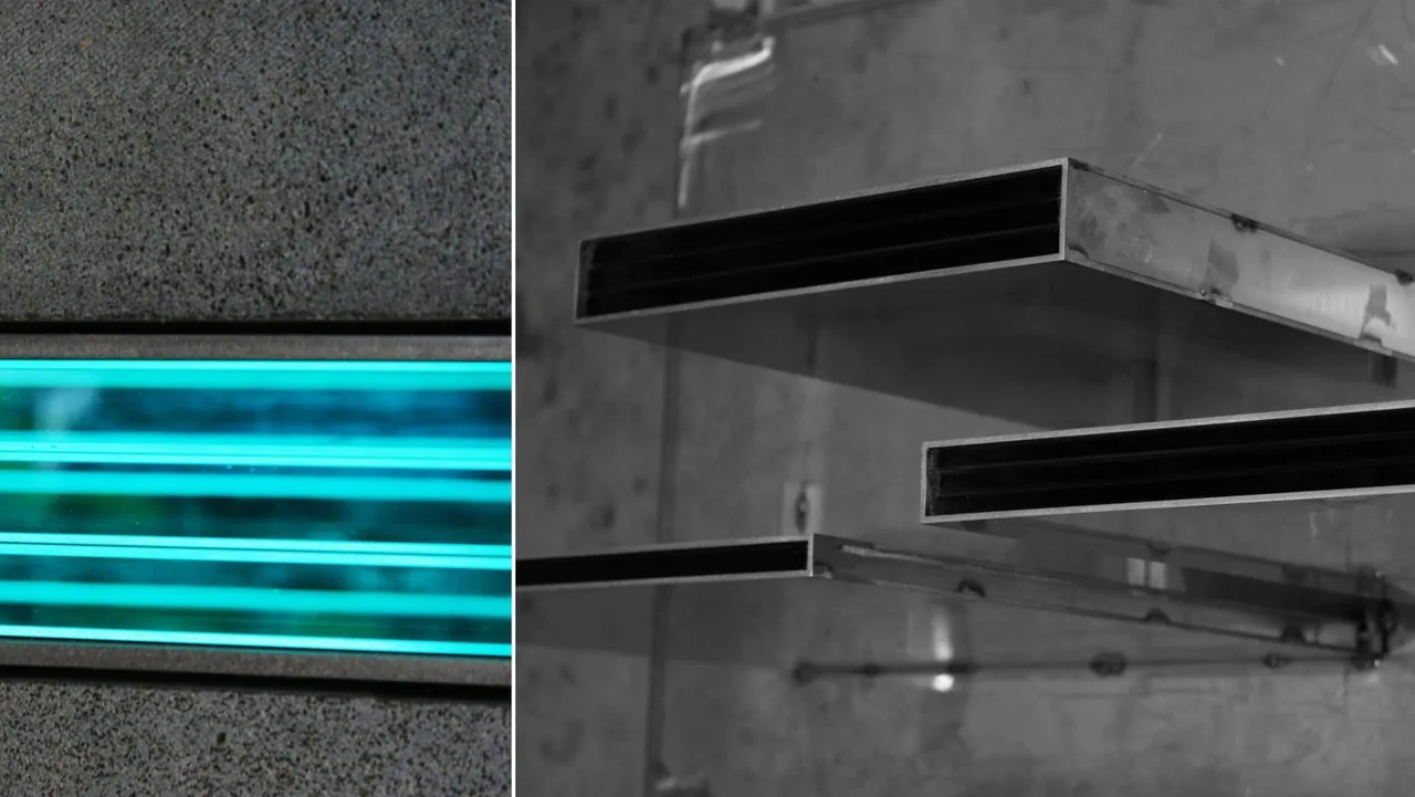 Detail showing suspended glass or acrylic shelves with metal framing against a concrete surface.