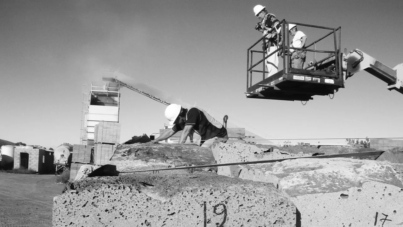 Workers installed large concrete blocks on the construction site of the Hawaii Residence project.