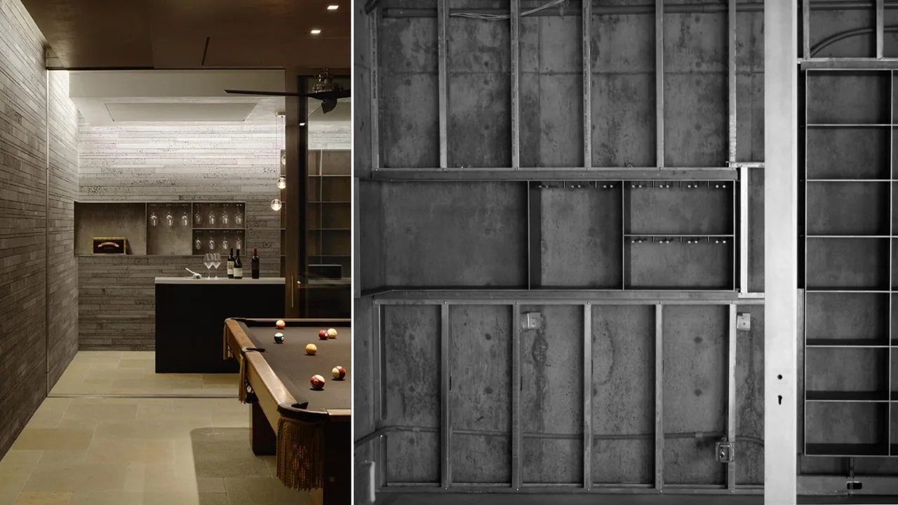 Indoor recreation room with a pool table and built-in bar area with cabinetry and lighting.
