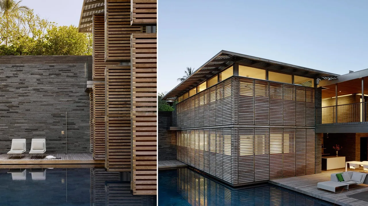 Exterior views of a modern residence with wooden slats covering large sections of the facade and a pool adjacent to the house.