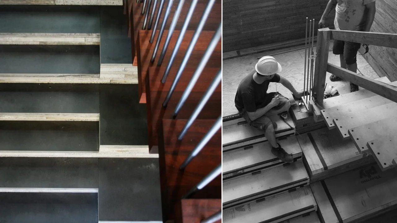 Close-up views of a staircase during construction and finished with concrete, stone, wood, and metal railing.