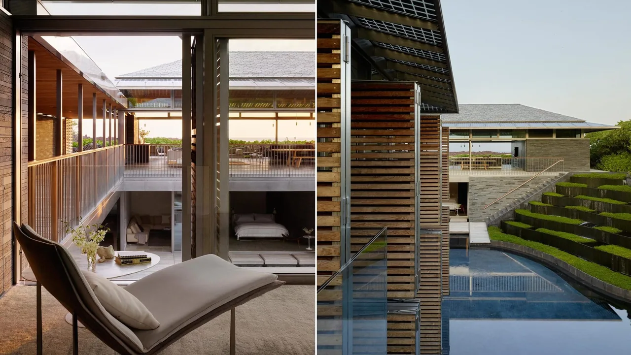 Interior lounge area with modern chair overlooks courtyard featuring pools and terraced greenery.